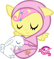 Size: 900x983 | Tagged: safe, artist:atnezau, character:fluttershy, species:pony, species:rabbit, baby, baby blanket, baby pony, babyshy, blanket, cute, dawwww, element of kindness, eyes closed, female, floppy ears, foal, happy baby, newborn, newborn baby, safety pin, simple background, sleeping, sleeping baby, smiling, solo, swaddled, swaddled baby, transparent background, wrapped snugly, younger