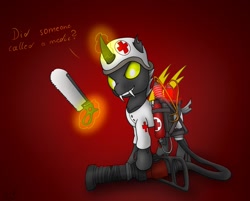 Size: 1024x824 | Tagged: safe, artist:atomfliege, oc, oc only, oc:warplix, species:changeling, bonesaw, changeling oc, clothing, crossover, looking at you, male, medic, medigun, solo, standing, team fortress 2, yellow changeling
