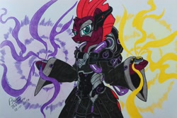 Size: 3155x2102 | Tagged: safe, artist:boyoxhot, character:tempest shadow, species:pony, species:unicorn, broken horn, clothing, cosplay, costume, crossover, female, horn, mare, moira, moira o'deorain, overwatch, solo