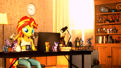 Size: 1920x1080 | Tagged: safe, artist:backmaker, character:starlight glimmer, character:sunset shimmer, character:trixie, character:twilight sparkle, character:twilight sparkle (alicorn), species:alicorn, species:anthro, species:pony, 3d, book, bookshelf, computer, cup, laptop computer, model, mug, room, source filmmaker, team fortress 2