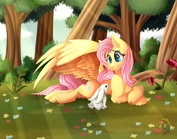 Size: 1024x805 | Tagged: safe, artist:calamity-studios, character:angel bunny, character:fluttershy, species:pegasus, species:pony, species:rabbit, animal, crepuscular rays, cute, duo, female, flower, forest, grass, mare, shyabetes, smiling, spread wings, tree, wings