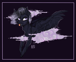 Size: 1865x1536 | Tagged: safe, artist:karamboll, species:pegasus, species:pony, cloud, fangs, glowing eyes, short hair, smoke, solo, tongue out, wings