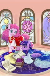 Size: 768x1161 | Tagged: safe, artist:puri__kyua, character:pinkie pie, character:twilight sparkle, character:twilight sparkle (alicorn), species:alicorn, species:earth pony, species:pony, book, clothing, dress, female, mare, pillow, scroll, stained glass