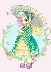 Size: 946x1336 | Tagged: safe, artist:puri__kyua, character:fluttershy, species:pegasus, species:pony, bipedal, bonnet, butterfly, female, haori, japanese, solo, umbrella