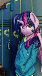 Size: 2160x3840 | Tagged: safe, artist:cluvry, character:twilight sparkle, character:twilight sparkle (alicorn), species:alicorn, species:anthro, species:pony, clothing, female, hands in pockets, high res, hoodie, lockers, school, schoolgirl, smiling, solo