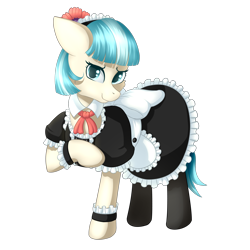 Size: 2000x2000 | Tagged: safe, artist:ray-frost, character:coco pommel, species:earth pony, species:pony, clothing, cuffs (clothes), dress, female, maid, mare, raised hoof, simple background, transparent background