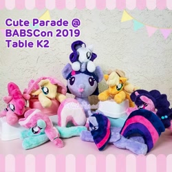 Size: 894x894 | Tagged: safe, artist:catnapcaps, character:applejack, character:fluttershy, character:minty, character:pinkie pie, character:rarity, character:sugar belle, character:twilight sparkle, character:twilight sparkle (alicorn), species:alicorn, species:earth pony, species:pegasus, species:pony, species:unicorn, g3, baby, baby pony, beanie (plushie), clothing, female, folded wings, g3 to g4, generation leap, group, hat, horn, irl, mare, photo, plushie, prone, tongue out, wings
