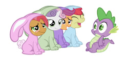 Size: 750x358 | Tagged: safe, artist:jolteongirl, editor:undeadponysoldier, character:apple bloom, character:babs seed, character:scootaloo, character:spike, character:sweetie belle, species:dragon, species:earth pony, species:pegasus, species:pony, species:unicorn, animal costume, bunny costume, clothing, confused, costume, cute, cutealoo, cutie mark crusaders, diasweetes, female, filly, male, simple background, sitting, white background