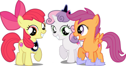 Size: 4016x2122 | Tagged: safe, artist:emper24, artist:fallingcomets, artist:loaded--dice, edit, editor:slayerbvc, character:apple bloom, character:scootaloo, character:sweetie belle, species:earth pony, species:pegasus, species:pony, species:unicorn, accessory swap, bow, crown, cutie mark, cutie mark crusaders, female, filly, grin, hair bow, hoof shoes, jewelry, luna's crown, peytral, raised hoof, regalia, simple background, smiling, the cmc's cutie marks, transparent background, vector, vector edit