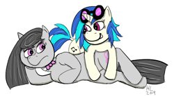 Size: 808x448 | Tagged: safe, artist:huffylime, character:dj pon-3, character:octavia melody, character:vinyl scratch, species:earth pony, species:pony, species:unicorn, bow tie, goggles, looking at each other, lying down, lying on pony, lying on top of someone