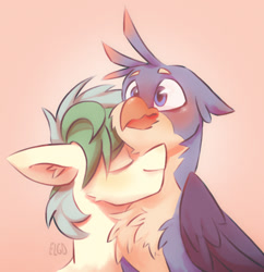 Size: 1490x1540 | Tagged: safe, artist:ecolinegd, character:gallus, character:sandbar, species:earth pony, species:griffon, species:pony, ship:gallbar, blushing, chest fluff, cute, gallabetes, gay, male, sandabetes, shipping, simple background