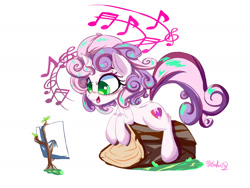 Size: 2000x1500 | Tagged: safe, artist:velcius, character:sweetie belle, species:pony, species:unicorn, cutie mark, female, filly, log, music notes, musical, signature, sitting, solo, song, the cmc's cutie marks