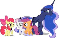 Size: 5975x3910 | Tagged: safe, artist:emper24, artist:fallingcomets, artist:loaded--dice, artist:myrami, edit, editor:slayerbvc, character:apple bloom, character:princess luna, character:scootaloo, character:sweetie belle, species:alicorn, species:earth pony, species:pegasus, species:pony, species:unicorn, accessory swap, accessory-less edit, barehoof, bow, crossed hooves, crossed legs, crown, cutie mark, cutie mark crusaders, edited edit, embarrassed, female, filly, floppy ears, frown, grin, hair bow, hoof shoes, jewelry, looking at you, luna's crown, mare, peytral, raised hoof, regalia, simple background, smiling, the cmc's cutie marks, transparent background, vector, vector edit
