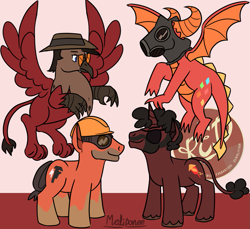 Size: 971x890 | Tagged: safe, artist:mediponee, species:dragon, species:griffon, species:pony, species:unicorn, crossover, demoman, dragonified, engineer, griffonized, ponified, pyro, sniper, species swap, team fortress 2