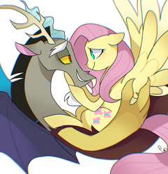 Size: 1777x1845 | Tagged: safe, artist:pinweena30, character:discord, character:fluttershy, species:draconequus, species:pegasus, species:pony, ship:discoshy, female, happy, huge, looking at each other, love, male, shipping, smiling, straight