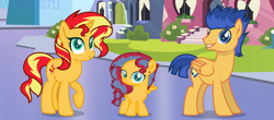 Size: 1280x561 | Tagged: safe, artist:mlplover0711, character:flash sentry, character:sunset shimmer, parent:flash sentry, parent:sunset shimmer, parents:flashimmer, species:pony, ship:flashimmer, family, female, male, offspring, shipping, straight