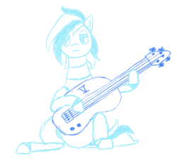 Size: 727x660 | Tagged: safe, artist:nukepony360, oc, oc only, oc:prototype v, species:pony, android, bass guitar, female, musical instrument, playing instrument, robot, robot pony, sitting, sketch, solo