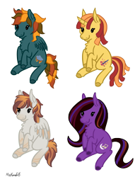 Size: 1367x1724 | Tagged: safe, artist:misskanabelle, oc, oc only, oc:amura, oc:moon singer, oc:morning raindew mist, oc:pixel perfect, species:earth pony, species:pegasus, species:pony, species:unicorn, beady eyes, blank flank, colored wings, cutie mark, fluffy, long ears, multicolored wings, smiling, wings, ych result