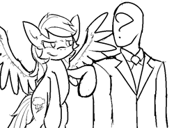 Size: 639x471 | Tagged: safe, artist:visiti, character:rainbow dash, oc, oc:anon, species:human, species:pegasus, species:pony, /mlp/, black and white, bump, clothing, female, flying, grayscale, lineart, looking at each other, male, mare, monochrome, necktie, simple background, sketch, spread wings, suit, tapping, white background, wings