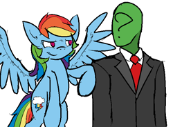 Size: 639x471 | Tagged: safe, artist:visiti, edit, character:rainbow dash, oc, oc:anon, species:human, species:pegasus, species:pony, /mlp/, bump, clothing, color edit, colored, female, flying, looking at each other, male, mare, necktie, simple background, spread wings, suit, tapping, white background, wings
