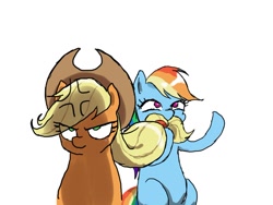 Size: 900x675 | Tagged: safe, artist:puri__kyua, character:applejack, character:rainbow dash, species:earth pony, species:pegasus, species:pony, angry, applejack is not amused, beard, cross-popping veins, cute, facial hair, female, funny, i moustache you a question, mare, silly, simple background, this will end in pain, this will not end well, unamused, white background