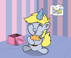Size: 1800x1471 | Tagged: safe, artist:chubble-munch, character:derpy hooves, birthday, drawing, female, filly, muffin, present, solo, that pony sure does love muffins