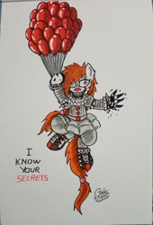 Size: 2368x3478 | Tagged: safe, artist:boyoxhot, oc, oc:penny-pen, species:earth pony, species:pony, balloon, claws, clothing, clown, cosplay, costume, creepy, creepy smile, fangs, female, horror, it, looking at you, mare, pennywise, red balloon, smiling, solo, wall eyed