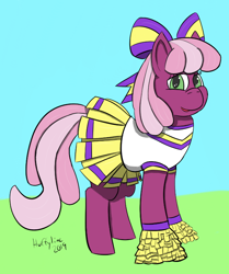 Size: 702x841 | Tagged: safe, artist:huffylime, character:cheerilee, species:earth pony, species:pony, episode:the cart before the ponies, g4, my little pony: friendship is magic, bow, cheeribetes, cheerileeder, cheerleader, cheerleader outfit, clothing, cute, day, female, hair bow, looking at you, mare, pom pom, ribbon, solo, solo female