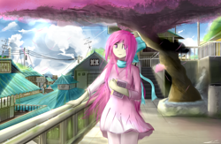 Size: 2460x1600 | Tagged: safe, artist:ssnerdy, oc, oc only, species:human, architecture, book, bow, clothing, cloud, cloudy, dress, electric pole, hair bow, humanized, humanized oc, solo, town