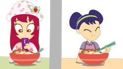 Size: 1194x669 | Tagged: safe, artist:rainbowpaintdash, artist:toybonnie54320, base used, my little pony:equestria girls, barely eqg related, chinese food, chopsticks, clothing, crossover, eating, equestria girls style, equestria girls-ified, food, hat, phone, strawberry shortcake, strawberry shortcake (character), tea blossom