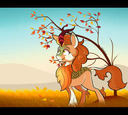 Size: 3977x3597 | Tagged: safe, artist:tehshockwave, character:autumn blaze, species:kirin, autumn, female, leaves, looking up, quadrupedal, smiling, solo, tree