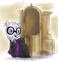 Size: 596x638 | Tagged: safe, artist:turonie, character:mr. waddle, species:earth pony, species:pony, catholicism, christianity, clerical collar, clothing, confessional, male, priest, robe, solo, stallion