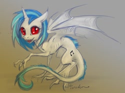 Size: 614x458 | Tagged: safe, artist:turonie, character:dj pon-3, character:vinyl scratch, species:dragon, species:gargoyle, adoracreepy, claws, creepy, cute, cutie mark, dragoness, dragonified, female, floppy ears, horn, looking at you, missing accessory, one wing out, red eyes, skinny, solo, species swap, traditional art, wings, wrong eye color