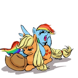 Size: 800x800 | Tagged: safe, artist:puri__kyua, character:applejack, character:rainbow dash, species:earth pony, species:pegasus, species:pony, applejack's hat, clothing, cowboy hat, cute, duo, freckles, hat, simple background, sleepy, white background, yawn