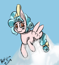 Size: 303x333 | Tagged: safe, artist:huffylime, character:cozy glow, species:pegasus, species:pony, cloud, day, female, looking back, lying down, lying on a cloud, on a cloud, sky, solo, solo female