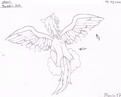 Size: 1024x821 | Tagged: safe, artist:platin17, character:rainbow dash, species:anthro, cloud, feather, female, humanized, monochrome, pencil, pencil drawing, sketch, solo, traditional art, wings