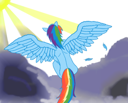 Size: 900x722 | Tagged: safe, artist:platin17, character:rainbow dash, species:anthro, cloud, cloudy, colored, feather
