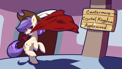Size: 1920x1080 | Tagged: safe, artist:jennithedragon, oc, oc only, oc:ellowee, species:earth pony, species:pony, building, cloth, clothing, cowboy hat, feather, hat, legends of equestria, sign, text, unveiling