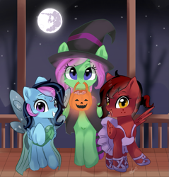 Size: 1055x1105 | Tagged: safe, artist:latia122, oc, oc only, oc:candy sparklez, oc:scarlett wings, oc:zippy sparkz, species:pony, amber eyes, ballerina, blue eyes, candy, candy bag, clothing, costume, fairy, food, full moon, halloween, halloween costume, hat, holiday, mare in the moon, moon, mouth hold, night, night sky, nightmare night, nightmare night costume, porch, pumpkin bucket, purple eyes, sky, socks, starry night, starry sky, stars, trick or treat, witch costume, witch hat