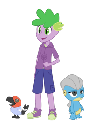 Size: 612x844 | Tagged: safe, artist:maretrick, character:peewee, character:spike, my little pony:equestria girls, bagon, crossover, fletchling, human spike, peewee, pokémon, smiling