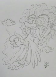 Size: 2284x3095 | Tagged: safe, artist:boyoxhot, character:princess luna, species:alicorn, species:pony, biting, butt bite, cloud, demon, fangs, female, folklore, kala rau, mare, monochrome, mythology, pain, screaming, simple background, sketch, tongue out, traditional art, wide eyes
