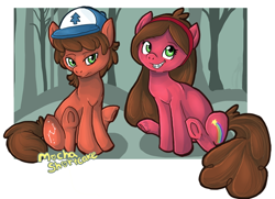 Size: 600x435 | Tagged: safe, artist:mocha-shortcake, braces, clothing, dipper pines, forest, gravity falls, hat, mabel pines, ponified, tree