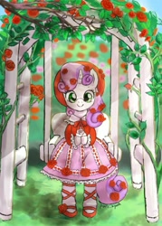 Size: 752x1050 | Tagged: safe, artist:puri__kyua, character:sweetie belle, species:anthro, species:pony, species:unicorn, bow, clothing, cute, diasweetes, dress, female, flower, flower in hair, garden, hat, leaves, lolita fashion, smiling, solo