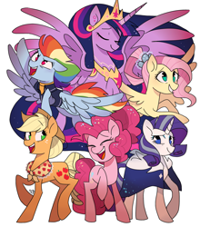 Size: 2390x2721 | Tagged: safe, artist:pinweena30, character:applejack, character:fluttershy, character:pinkie pie, character:rainbow dash, character:rarity, character:twilight sparkle, character:twilight sparkle (alicorn), species:alicorn, species:earth pony, species:pegasus, species:pony, species:unicorn, episode:the last problem, g4, my little pony: friendship is magic, end of ponies, flying, future, happy, looking at you, mane six, older, older applejack, older fluttershy, older mane six, older pinkie pie, older rainbow dash, older rarity, older twilight, princess twilight 2.0