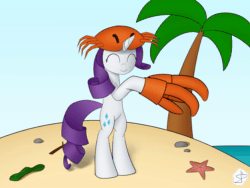 Size: 1600x1200 | Tagged: safe, artist:sheeppony, character:rarity, species:crab, species:pony, species:unicorn, animated, beach, bipedal, crab hat, crab rave, cute, dancing, eyes closed, female, music, palm tree, raribetes, solo, sound, tree, webm