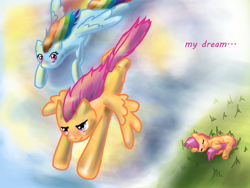 Size: 2000x1500 | Tagged: safe, artist:valeriyashyshkina, character:rainbow dash, character:scootaloo, species:pegasus, species:pony, dream, female, filly, flying, grass, mare, scootaloo can fly, scootaloo can't fly, sleeping, tail between legs