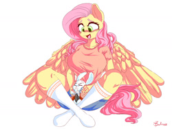 Size: 2000x1500 | Tagged: safe, artist:velcius, character:angel bunny, character:fluttershy, species:anthro, species:pegasus, species:pony, species:rabbit, animal, big breasts, breasts, busty fluttershy, clothing, dress, huge breasts, vampire