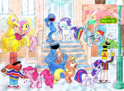 Size: 771x569 | Tagged: safe, artist:hirake! pony key, character:applejack, character:fluttershy, character:pinkie pie, character:rainbow dash, character:rarity, character:twilight sparkle, applejack's hat, argument, bert, big bird, book, clothing, cobblestone street, cookie monster, crossover, ernie, grover, hat, jelly beans, jellybeans, lamppost, my little pony meets sesame street, oscar the grouch, reading, sesame street, sharing, street sign