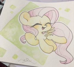 Size: 2048x1845 | Tagged: safe, artist:oc_ponys, character:fluttershy, species:pegasus, species:pony, blushing, chibi, cute, eyes closed, female, flying, mare, open mouth, photo, shyabetes, solo, traditional art, watercolor painting