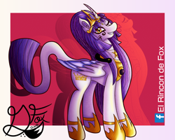 Size: 1250x1000 | Tagged: safe, artist:thedamneddarklyfox, oc, oc:royalis shine, species:alicorn, species:pony, alicorn oc, crown, hoof shoes, horn, jewelry, looking at you, peytral, red background, regalia, simple background, smiling, smiling at you, wings